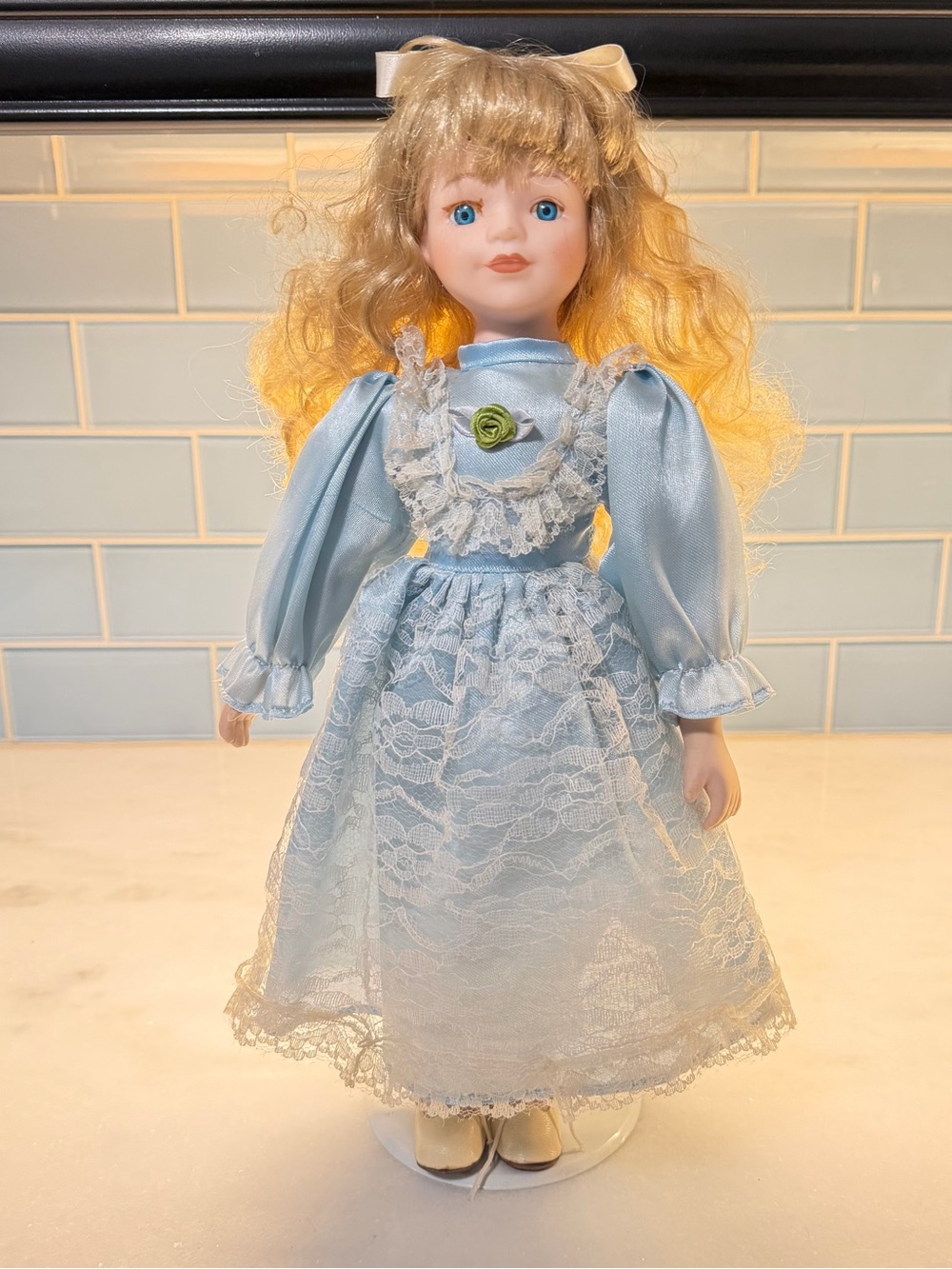 Porcelain Collector Doll Blonde Blue Eyes Victorian Blue Lace Dress